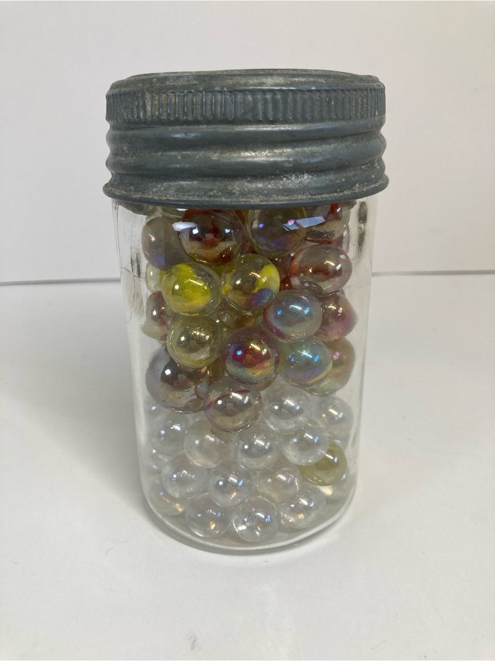 Vintage Glass Marble Lot in Crown Canning Jar Cat Eye Red Yellow Clear 125 Total